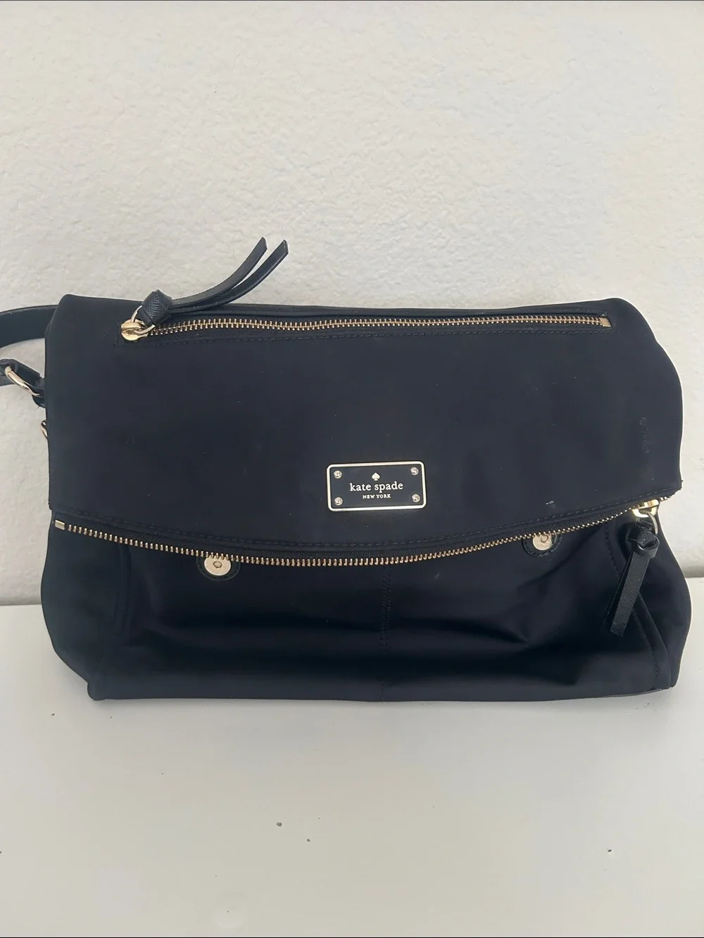 kate spade Black Nylon Fold-Over Shoulder Bag with Gold Hardware
